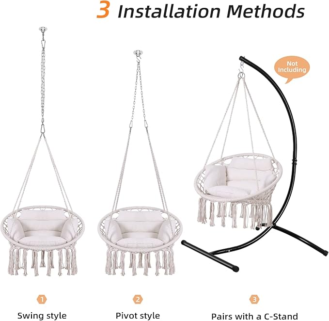 Goutime Hammock Chair, Macrame Hanging Swing Chairs with Cushion and Hardware Kit,Adult Boho Swings for Outside,Patio,Balcony,Bedroom (Beige)