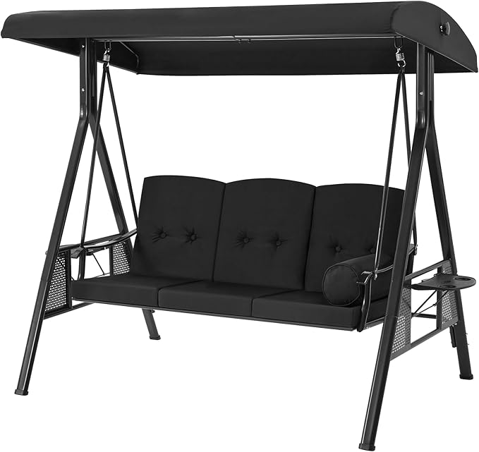 U-MAX 3-Seat Porch Swing Chair Steel Frame, Patio Swing Chair with Stand and Removable Cushions, Outdoor Canopy Swing Chair for Outside, Backyard, Garden, Black Cushion