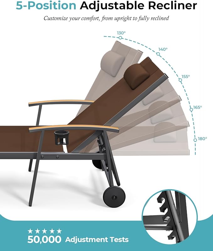 Ciokea Outdoor Lounge Chair with Pillow Set of 2, 5-Position Aluminum Chaise Lounge with Wheels & Armrests, 400 lbs Heavy Duty Patio Pool Chair for Backyard, Deck, Beach & Poolside, Brown