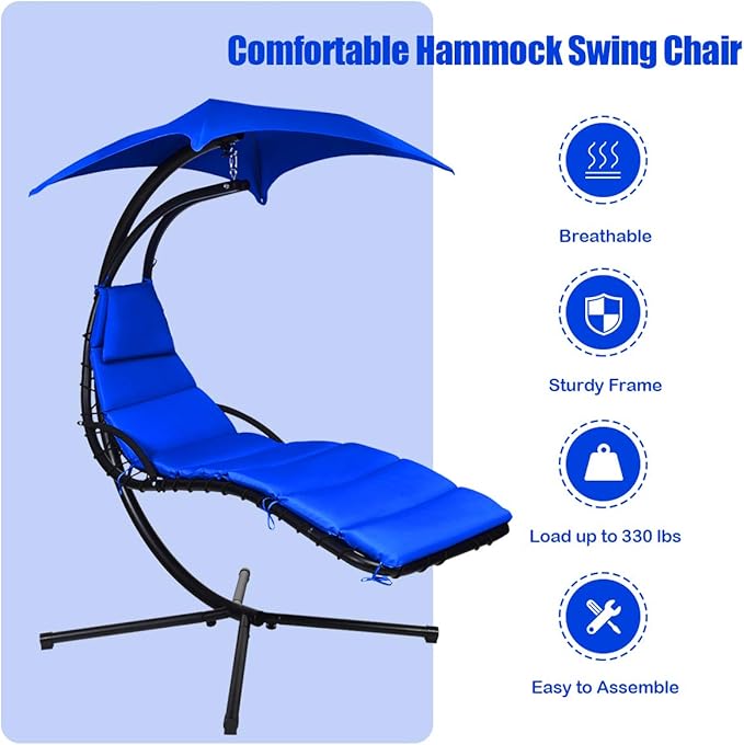 Giantex Hanging Chaise Lounger Chair, Arc Stand Porch Swing Chair w/Canopy, Cushion Built-in Pillow, Outdoor Freestanding Swing Hammock Chair for Patio Poolside Backyard Garden (Navy)