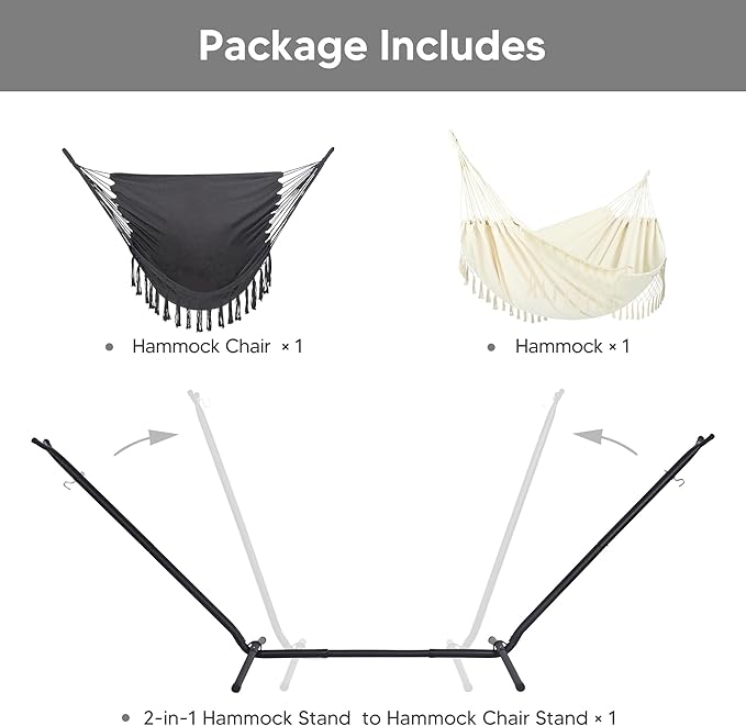 SUNCREAT 2-in-1 Convertible Portable Double Hammock with Stand Included, Outdoor Hammock and Stand, Patented, Natural Tassel
