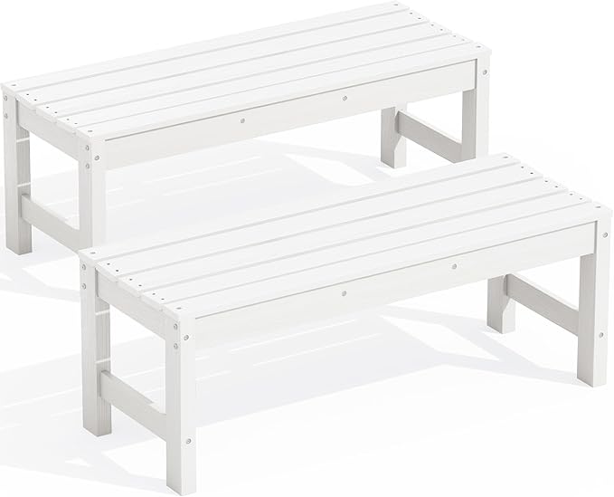 SERWALL 47 Inches Outdoor Bench Set of 2, All Weather HDPE Backless Bench with Wood Grain Texture for Garden Porch and Park, Curved Bench Seat for Comfort, White