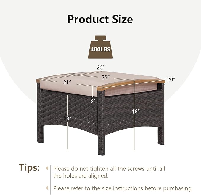 RELAX4LIFE Outdoor Wicker Ottomans for Patio - 2 Pieces PE Rattan Ottoman, Footrest Seat with Zippered Cushions, Acacia Wood Handles, 3-in-1 Footstool, Side Table for Poolside, Backyard (Brown)