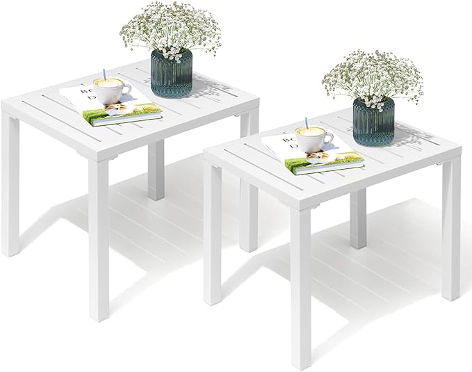 Crestlive Products Outdoor Side Table Set of 2, Aluminum Rectangular Side/End Table, Small Patio Coffee Bistro Table for Outdoor Indoor (White)