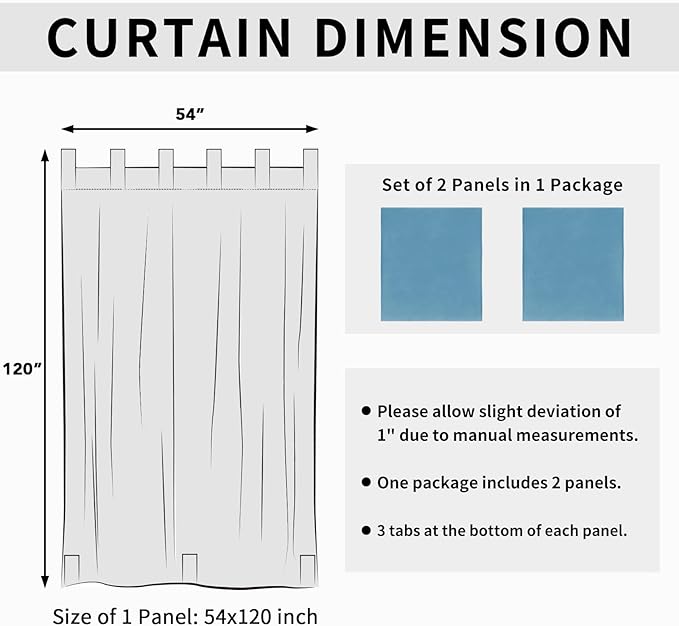 Easy-Going Outdoor Patio Curtains Detachable Tab Top Windproof Weatherproof Curtain for Cabana, Porch, Pergola and Gazebo, Tab Bottom Drape, 2 Panels, 54W x 120L inch, Sky Blue