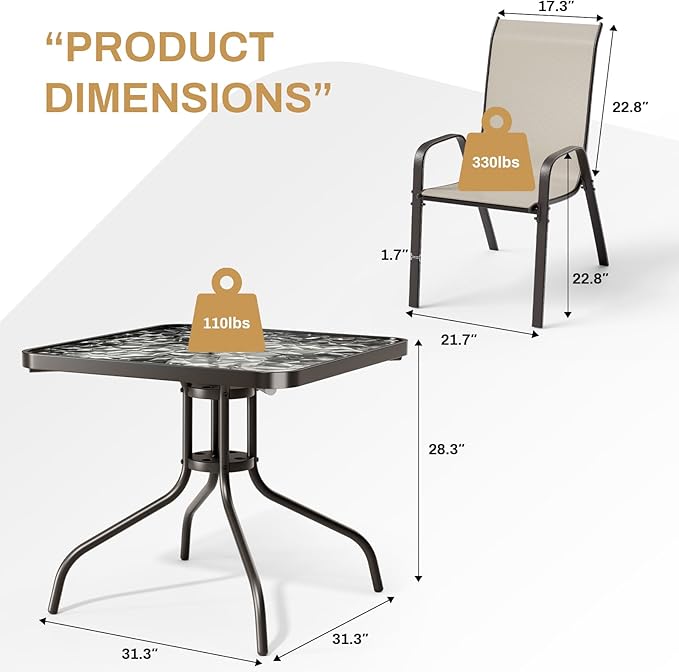 Arlopu 5 Piece Outdoor Patio Dining Set (Umbrella not Included), Porch Furniture with 4 Textline Chairs, 1 Square Glass Table for Garden, Backyard and Poolside, Lawn (Beige)