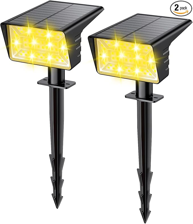 Solar Spot Lights Outdoor with 60 LED & Auto On/Off, 2 Pack Solar Lights Outdoor Waterproof IP68 with 3 Lighting Modes, 2-in-1 Solars Landscape Light for Outside, Garden, Yard(Warm White)