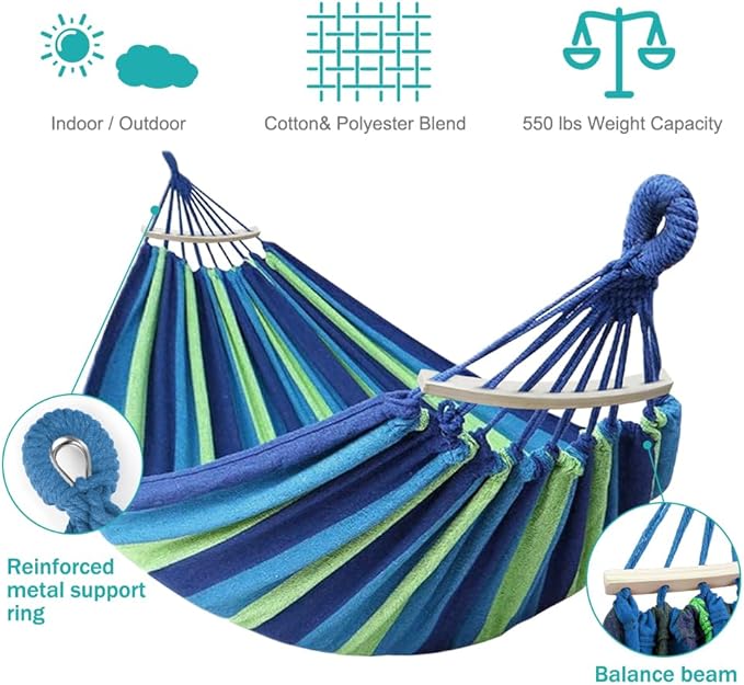 MOSFiATA Hammocks Portable Camping Hammock Upgraded 550lb Comfortable Fabric Hammock with Two Anti Roll Balance Beam and Sturdy Tree Straps for Camping, Patio, Backyard, Outdoor （Blue Green）