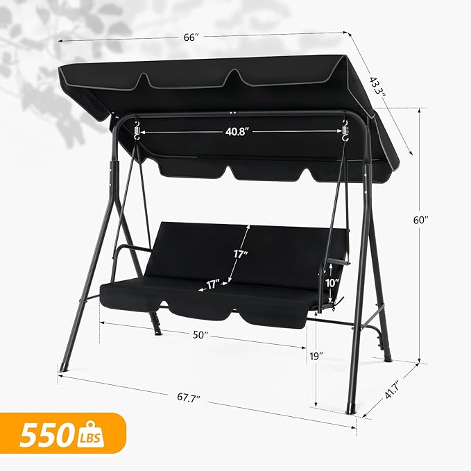 VINGLI Heavy Duty 550 LBS Upgraded 2 Person Outdoor Porch Swing with Stand, Adjustable Canopy Swing with Cushions & Steel Frame for Yard, Pool, Lawn, Indoors (Black)