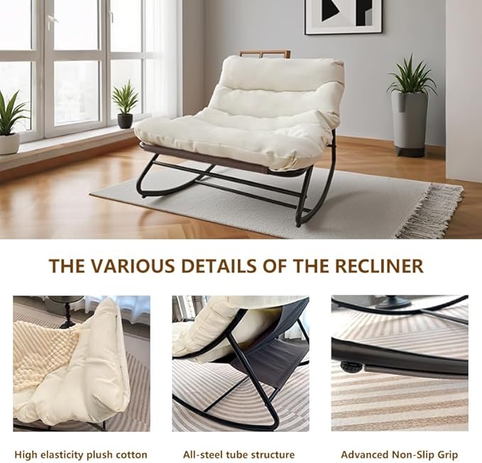 Patio Outdoor Rocking Chair,Oversized Papasan Rocking Chair with Cushion,Lounge Chair Outdoor/Indoor,Supports 450 Lbs,Comfy Chair for Garden/Lawn/Brown/Bedroom/Living Room,White