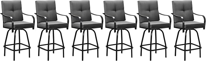 Patio Swivel Bar Stools, Outdoor Bar Height Swivel Chairs Set of 6 with Cushion & All Weather Steel Frame for Backyard, Lawn, Poolside and Balcony, Dark Grey