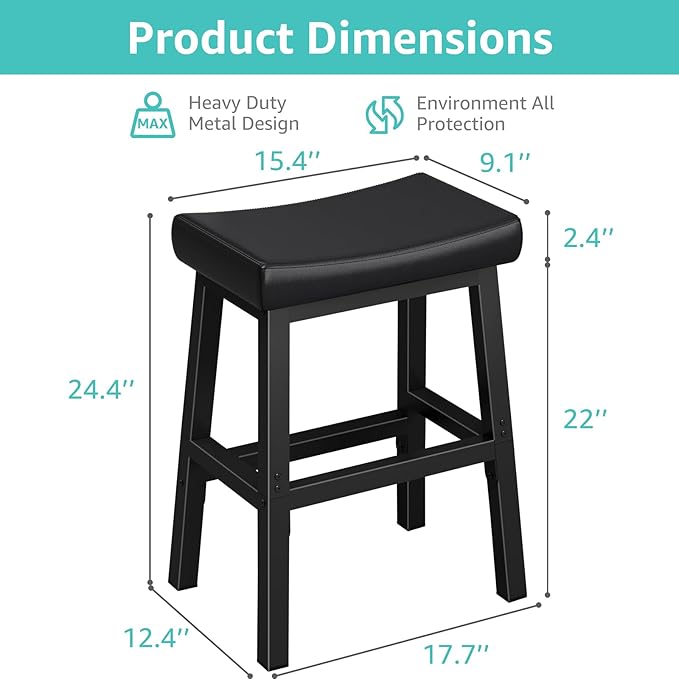 24 Inch Bar Stools for Kitchen Island, Kitchen Chairs Counter Height Stools with Footrest, Black Saddle Leather Barstools Heavy Duty for Dining Table Farmhouse Outdoor, 1 PC