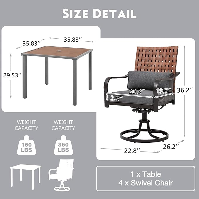 MELLCOM 5-Piece Outdoor Dining Set, 4 Swivel Leather-Look Chairs with Lumbar Pillows & Square Dining Table with Umbrella Hole, Patio Furniture Set for Porch, Garden, Backyard, Poolside, Deck, Grey