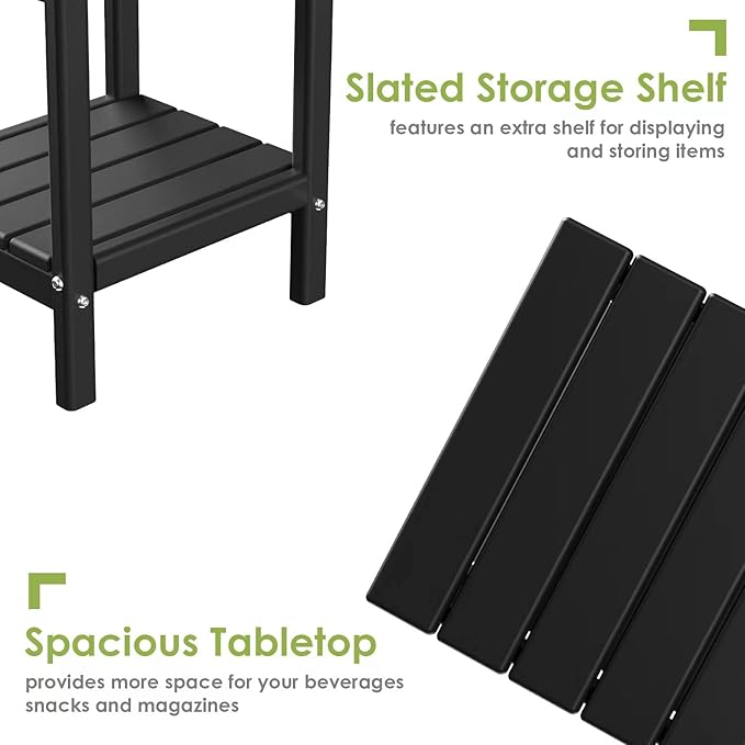 GREENVINES Adirondack-Outdoor-Side-Table | 14 x 13 Inches | HDPE Plastic | All Weather | Black | Outside End Tables | Storage Shelf | for Patio Porch Backyard Indoor