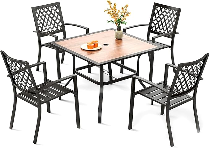 PHI VILLA 5 Pieces Outdoor Dining Set for 4, 37" Square Metal Table with Polywood Top & Stackable Wrought Iron Chairs, Outside Furniture for Patio, Deck, Porch, Backyard