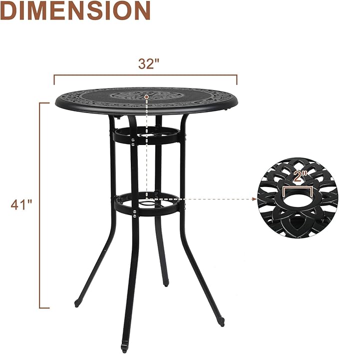 VINGLI Cast Aluminum Bar Height Patio Table with Umbrella Hole - Tall Outdoor Bistro Table, 32" Dia x 41" H (Black)