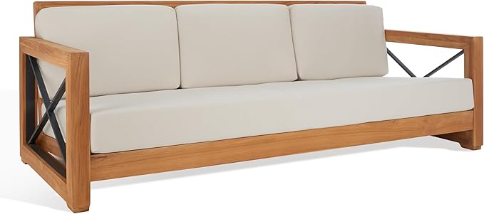 SAFAVIEH Couture Outdoor Patio Furniture Collection – Curacao 3-Seat Patio Sofa, Brazilian Teak Wood Frame with Removable White Cushions, Modern Outdoor Seating (CPT1010A)