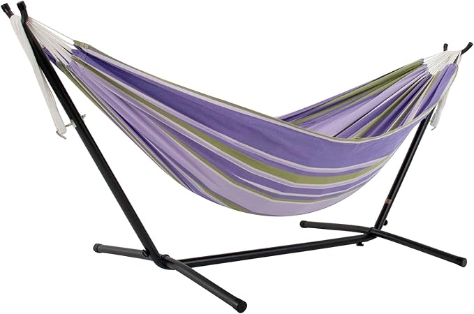 Vivere Double Cotton Hammock with Space Saving Steel Stand, Upgraded Polyester End Strings 450 lb Capacity - Premium Carry Bag Included - USA Grown Cotton (Tranquility)