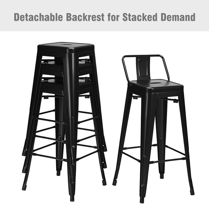 COSTWAY Metal Bar Stools Set of 4, with Removable Back, 30‘’ Bar Height with Rubber Feet, Stylish and Modern Chairs, for Kitchen, Dining Rooms, and Side Bar (Black, 30'')