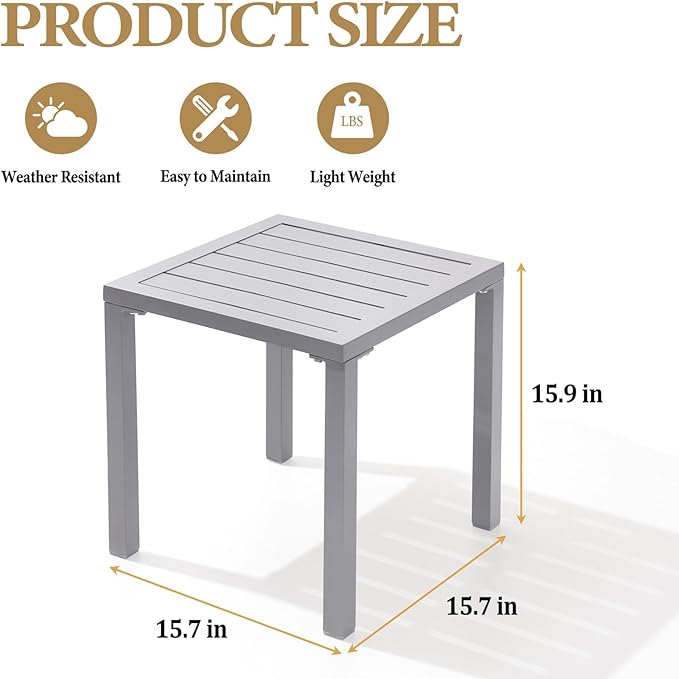 Crestlive Products Aluminum Outdoor Side Table, Pool Lounge Chair Side Table, Weather Resistant Small Square Coffee End Table for Patio, Yard, Garden, Porch, Deck, Indoor, Outdoor (Light Gray)