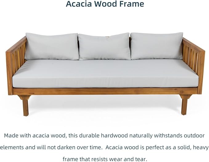 Merax Solid Acacia Wood Couch Chaise Lounge Chair Indoor, 3 Seater Daybed Sofa Couches with Cushions & Pillow, Heavy Frame Day Bed for Living Room, Office, Outdoor, Balcony, Patio, Water Resistant