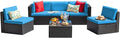 Devoko Patio Furniture Sets 6 Pieces Outdoor Sectional Rattan Sofa Manual Weaving Wicker Patio Conversation Set with Glass Table and Cushion (Blue)