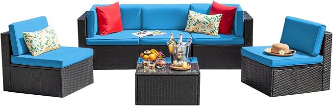 Devoko Patio Furniture Sets 6 Pieces Outdoor Sectional Rattan Sofa Manual Weaving Wicker Patio Conversation Set with Glass Table and Cushion (Blue)