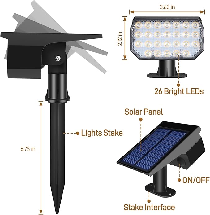 RGB Solar Lights Outdoor Waterproof IP65, 7 Lighting Modes Color Changing 26 LED Solar Spot Lights Outdoor for Yard Garden Pathway Christmas Decor (Multicolor, 2 Pack)