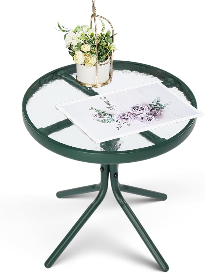 VINGLI Outdoor Side Table, 18" Patio Table Steel Frame Tempered Glass Top, Weatherproof Small Tables for Balcony Garden Poolside (Green, Round)
