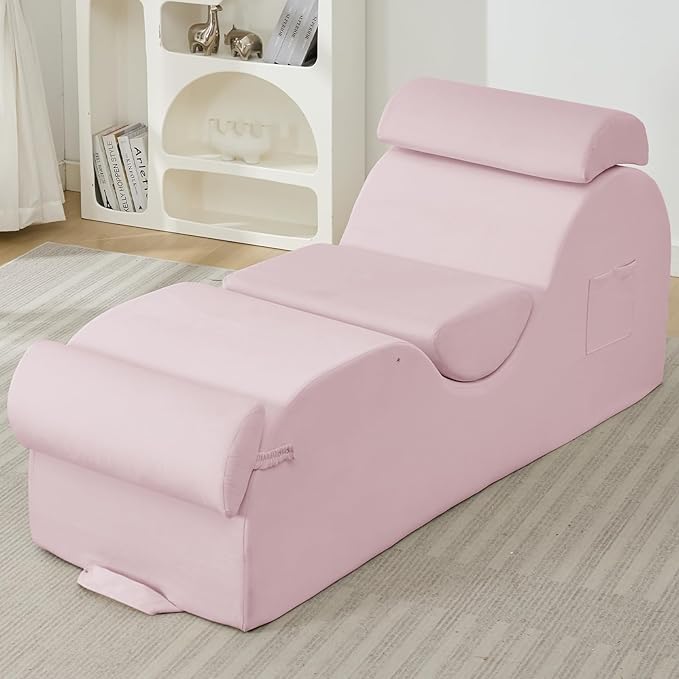 ijuicy Sleek Chaise Lounge Chair for Exercise, Indoor Lounger with Headrest, Waist Cushion, Movable Footrest, Side Pockets, Non-Slip Bottom, High Density Sponge, Pink