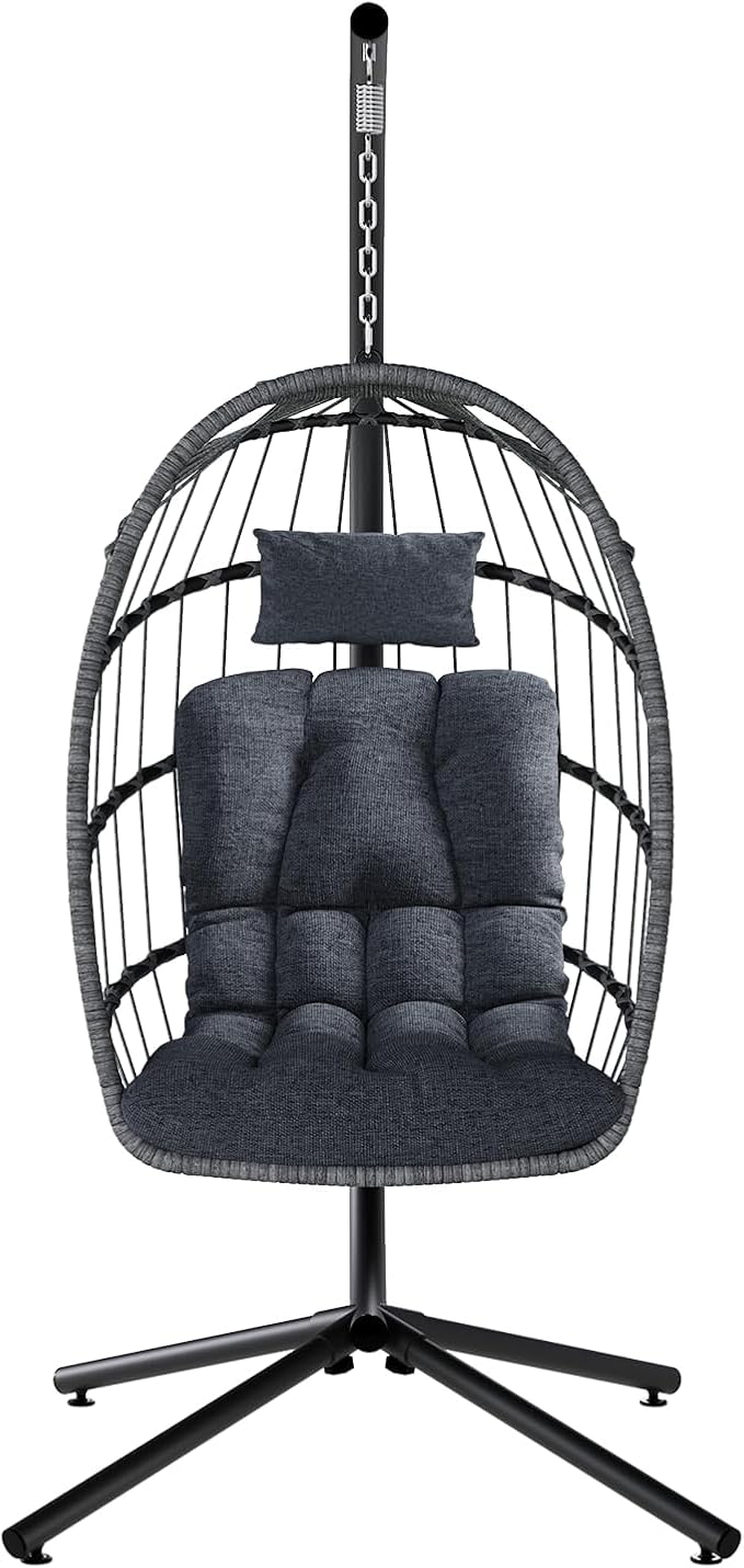 SWITTE Egg Chair Outdoor with Stand, Indoor Wicker Hanging Egg Swing Chair with Cushion, 350lbs Capacity for Patio, Bedroom, Garden - Dark Grey