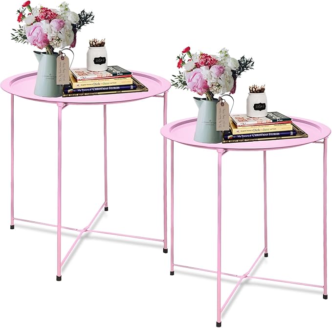 Garden 4 you End Table 2 PCS Metal Side Table Pink Round Folding Tray Cyan Sofa Small Accent Fold-able Table, Round End Table Tray, Next to Sofa Table, Snack Table for Living Room and Bed Room