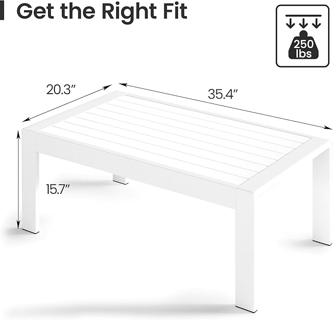 All-Weather Aluminum Outdoor Coffee Table, Modern Coffee Table for Outside, Rectangle Patio Coffee Table for Balcony Garden, White
