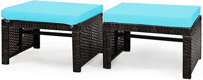 Tangkula 2 Pieces Patio Rattan Ottomans, All Weather Outdoor Footstool Footrest Seat with Soft Cushion, Hidden Zipper, High-Density Sponge, Wicker Ottoman Seat for Patio, Garden, Poolside (Turquoise)