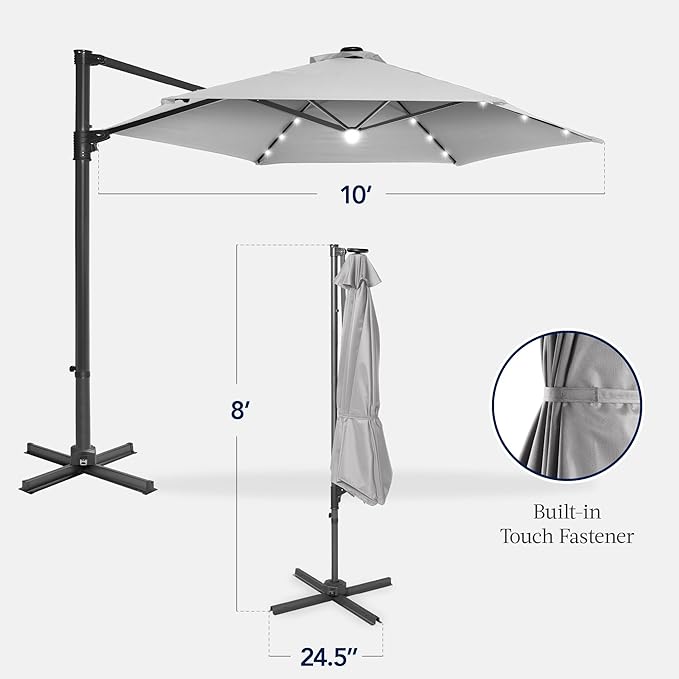 Best Choice Products 10ft Solar LED Offset Cantilever Hanging Market Patio Umbrella, Smooth 360° Rotation, 8 Sturdy Ribs, Easy Adjustment - Fog Gray