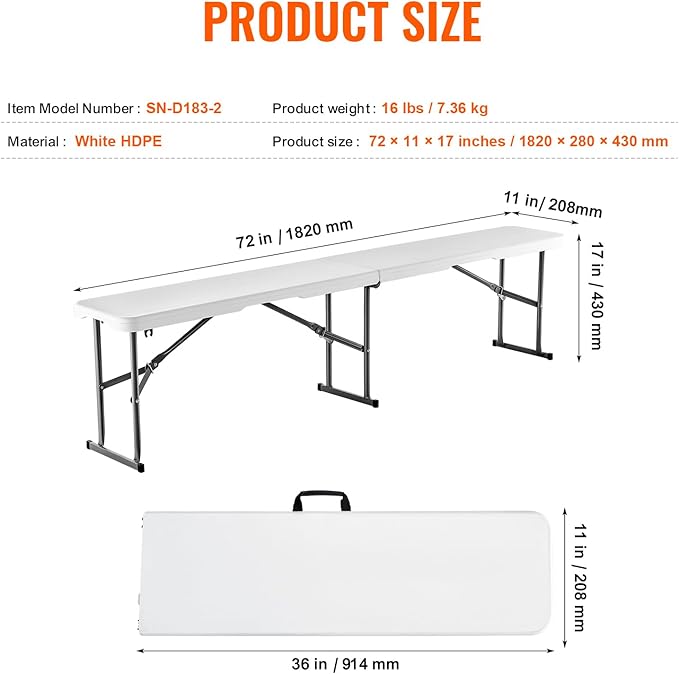 VEVOR Plastic Folding Bench, 6ft Portable Folding Bench, Smooth High Density Polyethylene Waterproof Outdoor Bench, Picnic Camping Table with Handle for Garden Soccer Playtime, White (1 Pack)