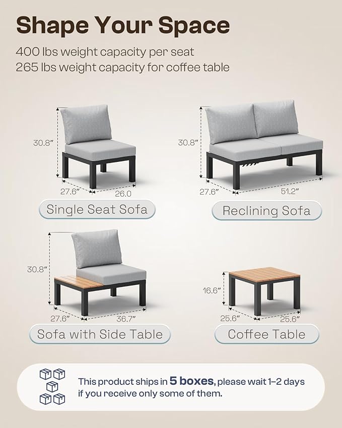Aluminum Modular Outdoor Patio Furniture Set, 8 Seats Sectional Sofa Set with Adjustable Backrest & Thick Cushions, All-Weather L-Shaped Corner Set with Table for Garden & Yard, Gray