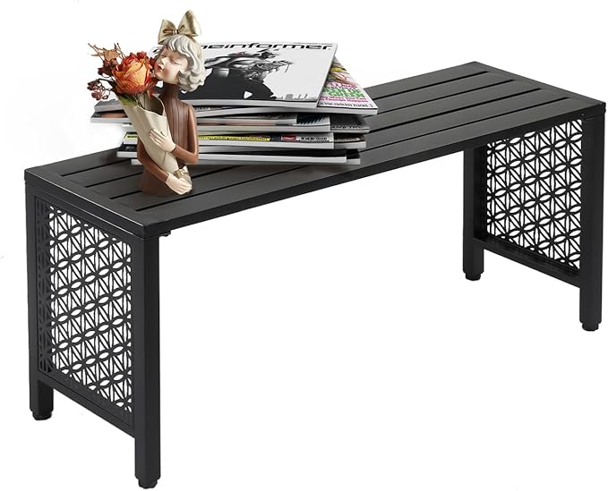 VINGLI 40in Outdoor Metal Bench, All-Weathe Backless Patio Bench with Slatted Seat＆Floral Side Panels, Rust-Resistant Garden Bench, Weatherproof Outdoor Seating for Porch Entryway Backyard (Black)