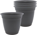 The HC Companies 8 Inch Eclipse Round Planter Pots with Drainage Holes & Attached Saucer, Lightweight UV-Resistant Plastic Indoor Outdoor Planters, 4-Pack Flower Pots for Garden Home Decor, Warm Gray