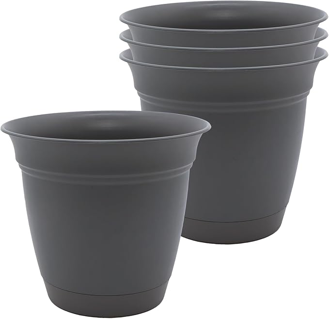 The HC Companies 8 Inch Eclipse Round Planter Pots with Drainage Holes & Attached Saucer, Lightweight UV-Resistant Plastic Indoor Outdoor Planters, 4-Pack Flower Pots for Garden Home Decor, Warm Gray