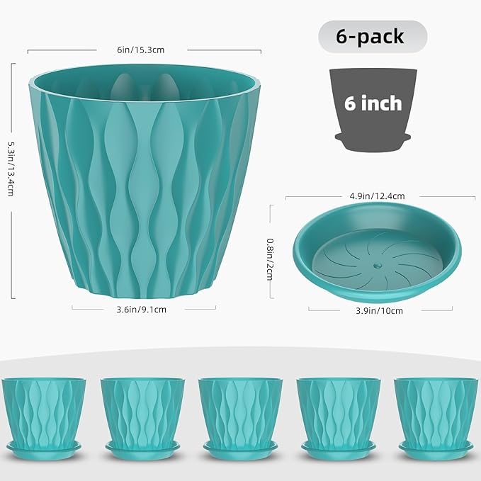 6 Pack 6 Inch Indoor Plant Pots with Drainage Holes, Outdoor Plastic Decorative Flower Pots, Garden Planters with Tray Saucers for Orchids, Violets, Succulents, Herbs, and Other Plants