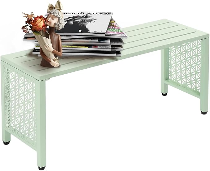 VINGLI 40in Outdoor Metal Bench, All-Weathe Backless Patio Bench with Slatted Seat＆Floral Side Panels, Rust-Resistant Garden Bench, Weatherproof Outdoor Seating for Porch Entryway Backyard (Green)