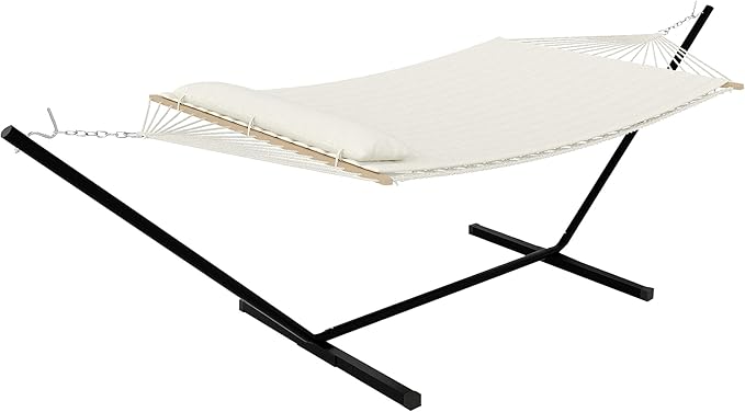 2 Person Outdoor Hammock with Stand, Portable Hammock, Heavy Duty Hammock with Soft Pillow, Balance Ropes, for Patio, Backyard, Garden, Beach, Beige
