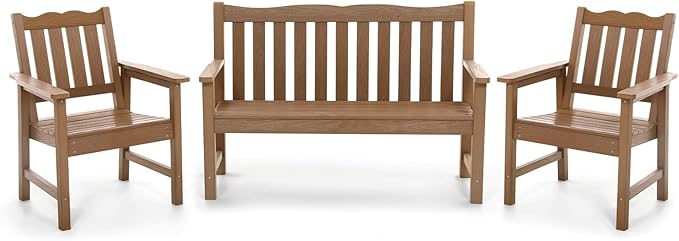 Stoog Oversized All-Weather Garden Bench & Chairs Set, 3-Piece Patio Furniture Set, Include 2 Chairs and 1 Garden Bench, for Porch, Backyard, Lawn, Pool and Deck, Teak