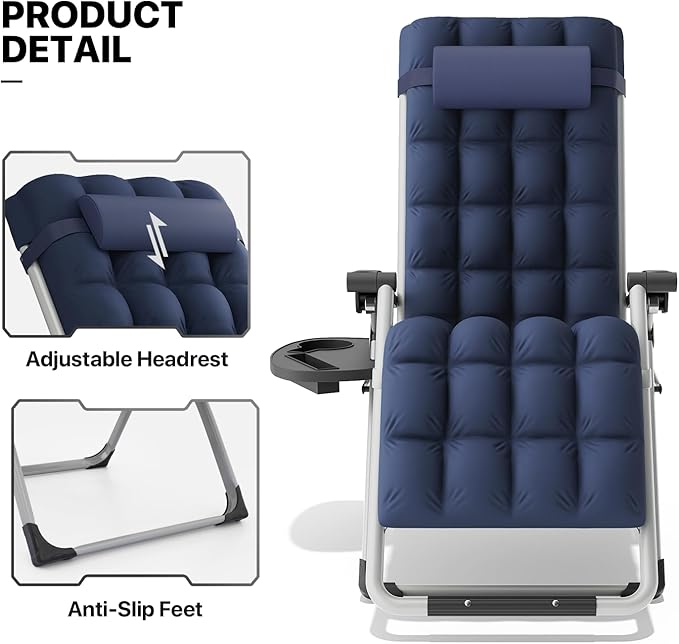 MoNiBloom Stable Folding Chair Outdoor Lounge Chair Beach Pool Lawn Recliner Sunbathing Chair, with Detachable Soft Cushion, Pillow and Side Tray, 330lbs Capacity Blue