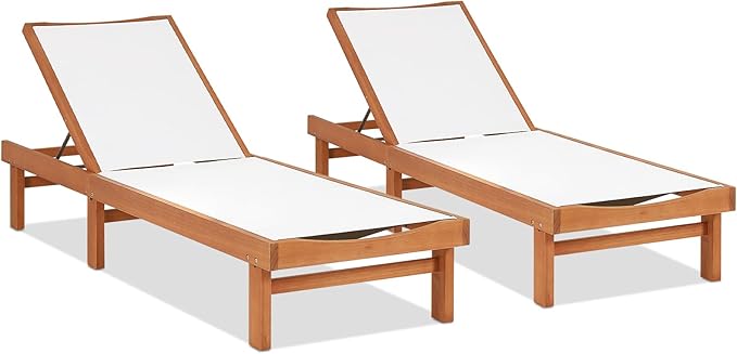 COSTWAY Set of 2 Patio Wood Chaise Lounge Chair, Strong Eucalyptus Wood Frame, 5-Position Adjustable Outdoor Recliner with White Mesh