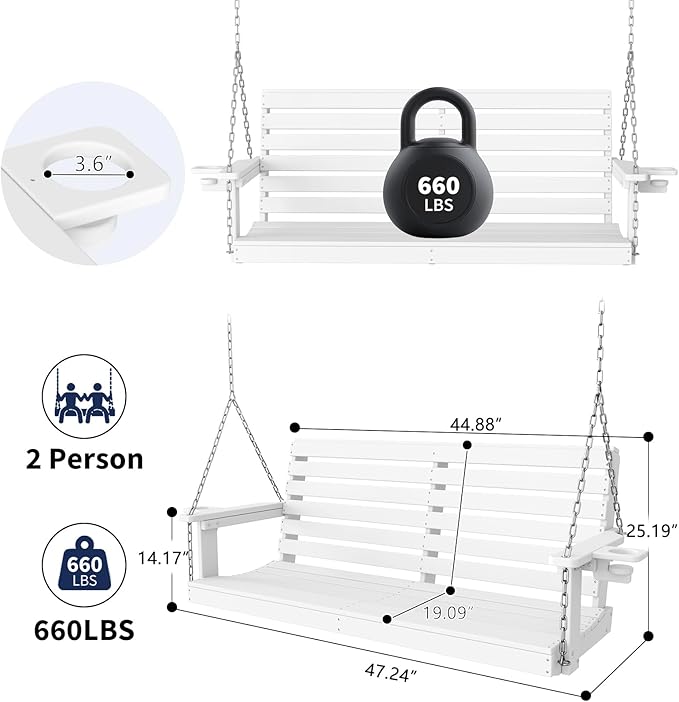 Plawdlik Porch Swings,2 Seat Patio Chair with Two Cup Holders,HDPE Waterproof Bench for Courtyard-White