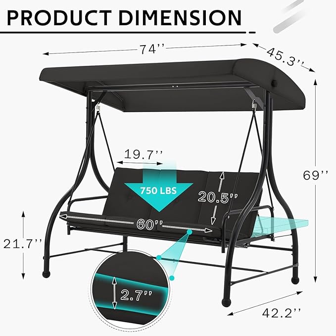 U-MAX Porch Swing with Cover, Patio Swing with Adjustable Backrest&Canopy 3 Seat Outdoor Swing with Canopy 2-in-1 Convertible Patio Daybed with Removable Black Cushions