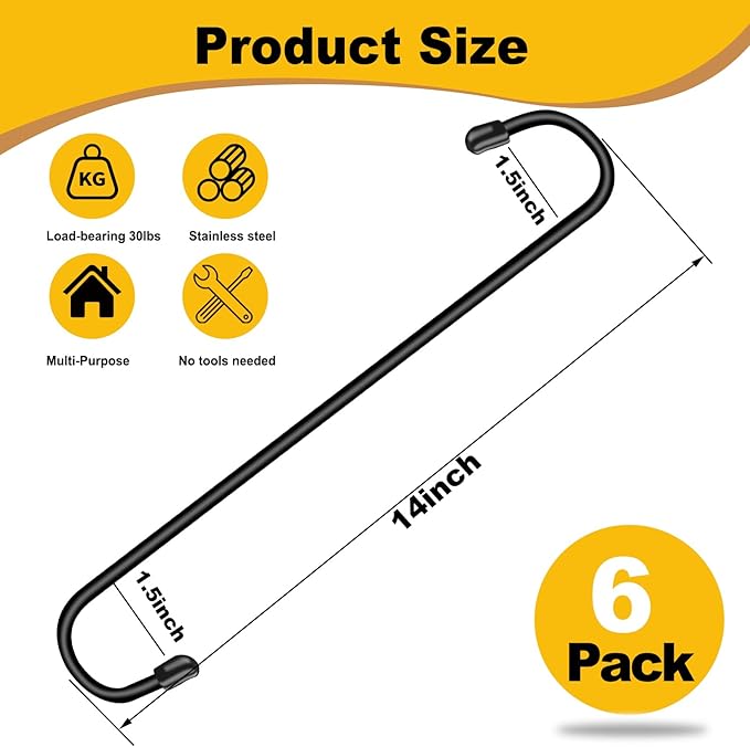 6 Pack 14 Inch Black Extra Matel Heavy Duty Hook for Hanging Plants,Large S Hooks for Hang Brsket,Bird House,Clothes,Kitchenware,Garden,Patio