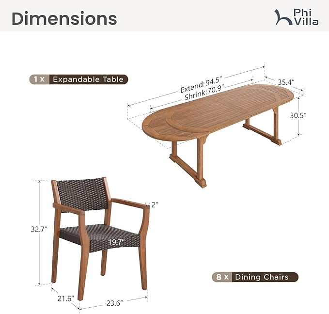 PHI VILLA 9 Pieces Acacia Wood Outdoor Dining Set for 8, Expandable Teak Wooden Table & Chairs, Large Farmhouse Furniture Set for Patio, Deck, Backyard, Porch